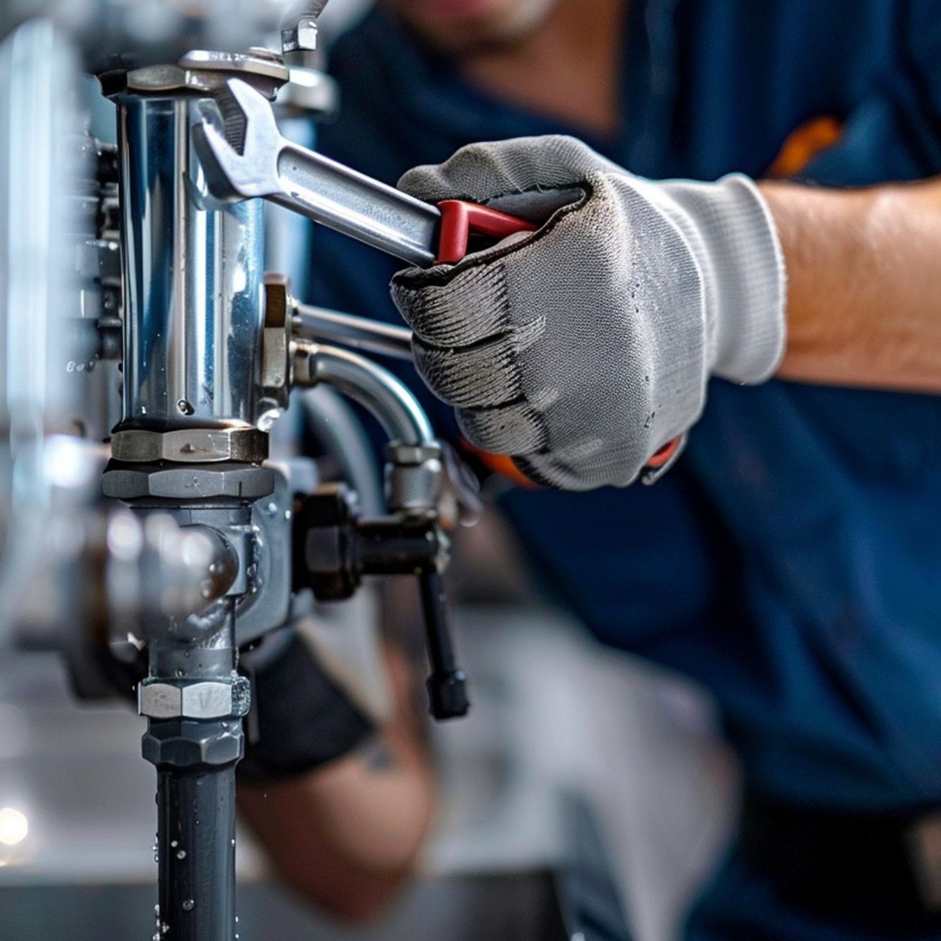 Rørlegger med hansker bruker verktøy for å stramme en blank rørkobling.