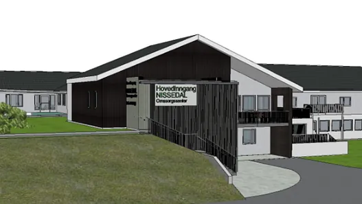 Digital modell av omsorgsbygg med skiltet «Hovedinngang Nissedal Omsorgssenter» ved inngangsparti.